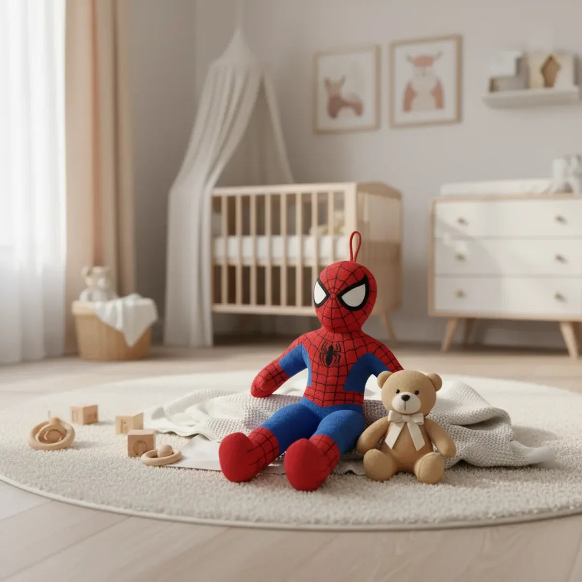 Red and blue web hero plush doll sitting on a nursery rug with wooden toys and a teddy bear