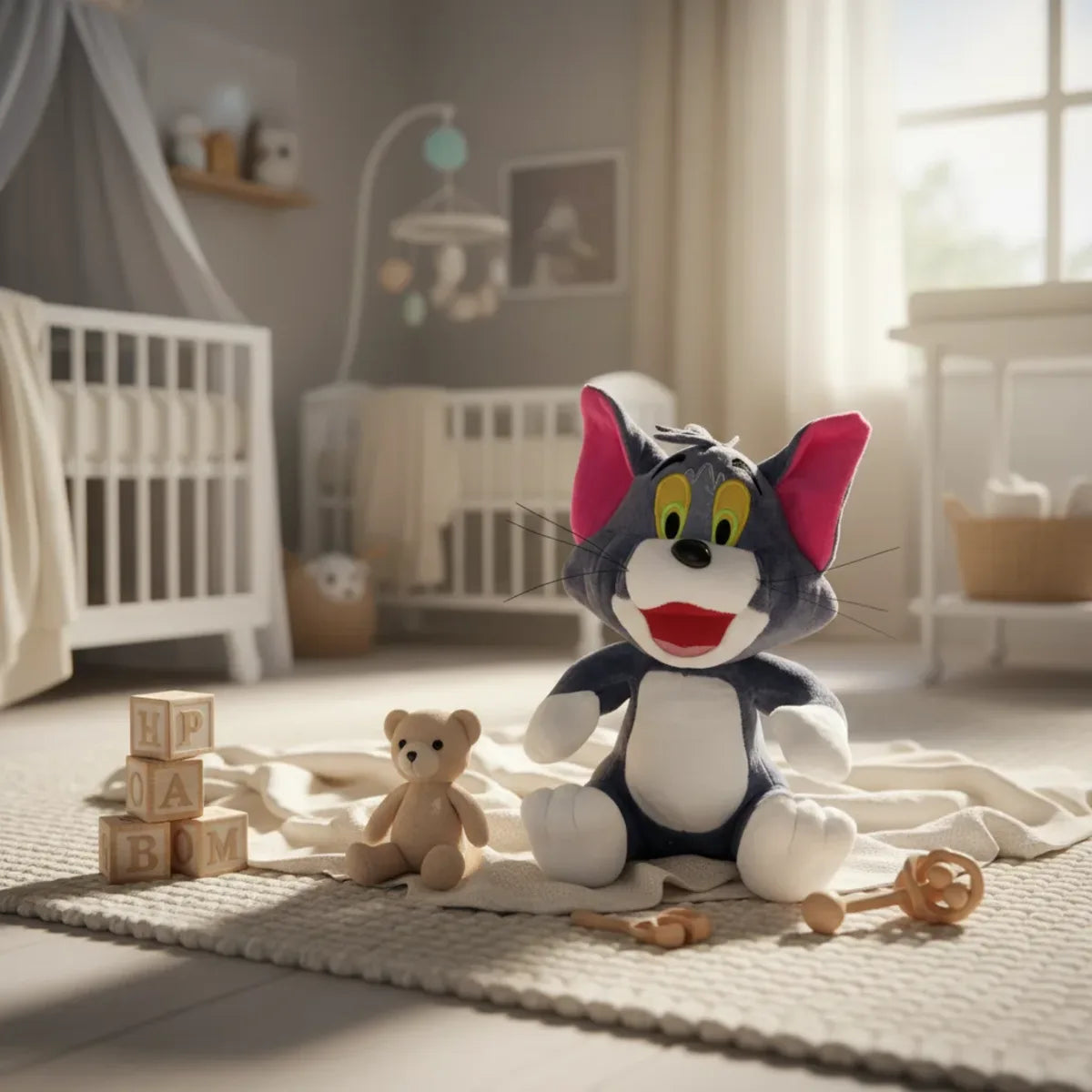Whiskers grey cartoon cat plush toy sitting in a bright nursery with wooden blocks and a teddy bear