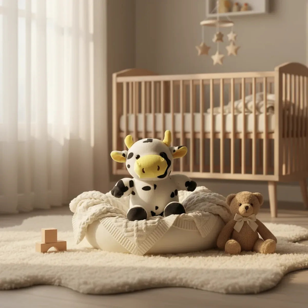 Daisy the Spotty Cow plush toy sitting on a cream blanket in a Scandinavian nursery with a wooden crib