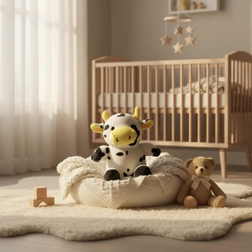 Daisy the Spotty Cow plush toy sitting on a cream blanket in a Scandinavian nursery with a wooden crib