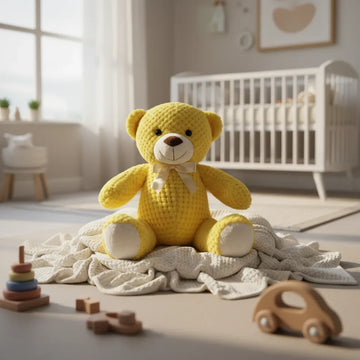 Sunny the Yellow Waffle Teddy Bear sitting on a white knit blanket in a bright Scandinavian nursery