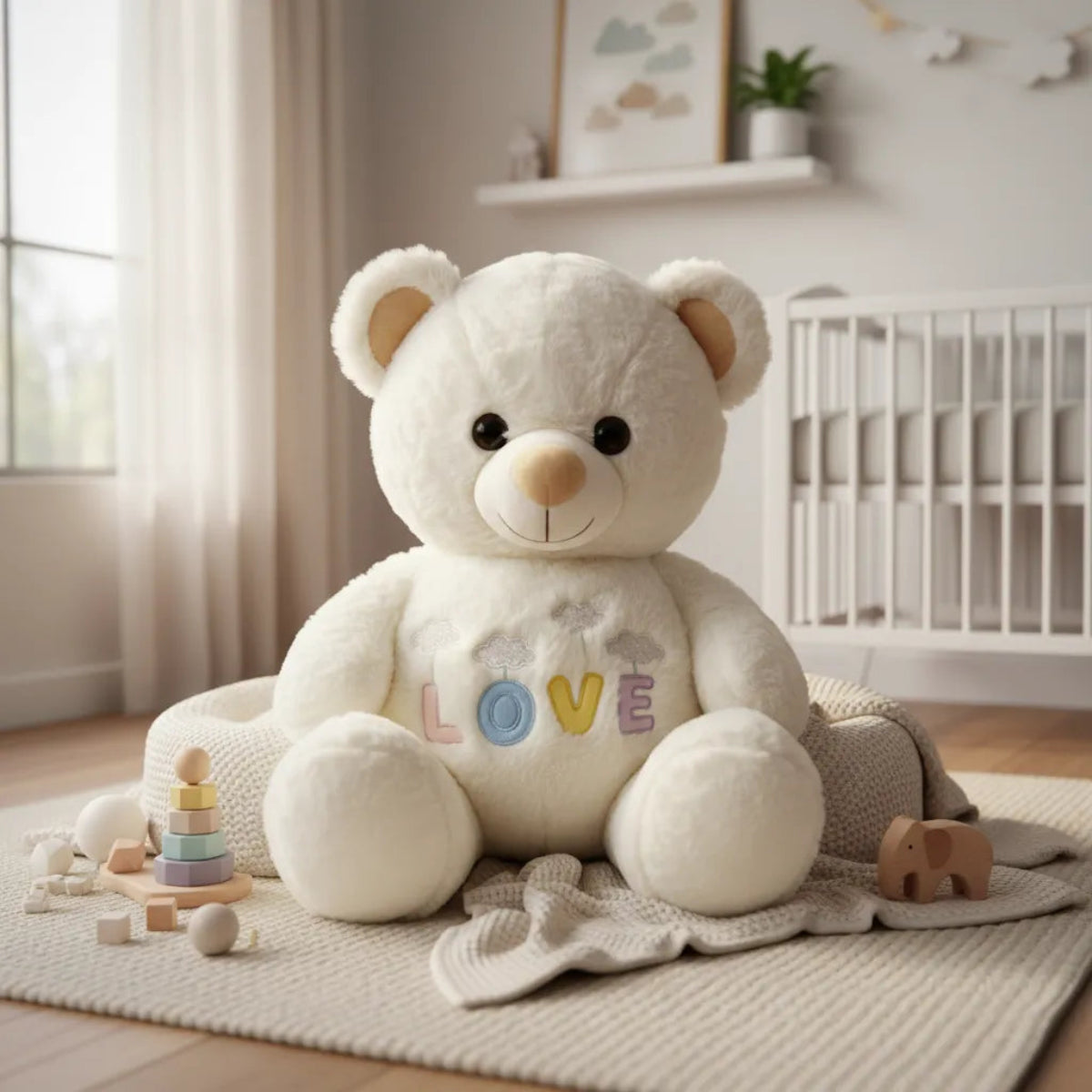 Luna the LOVE White Teddy Bear sitting on a cream knit blanket in a bright white nursery with wooden stacking toys and white crib