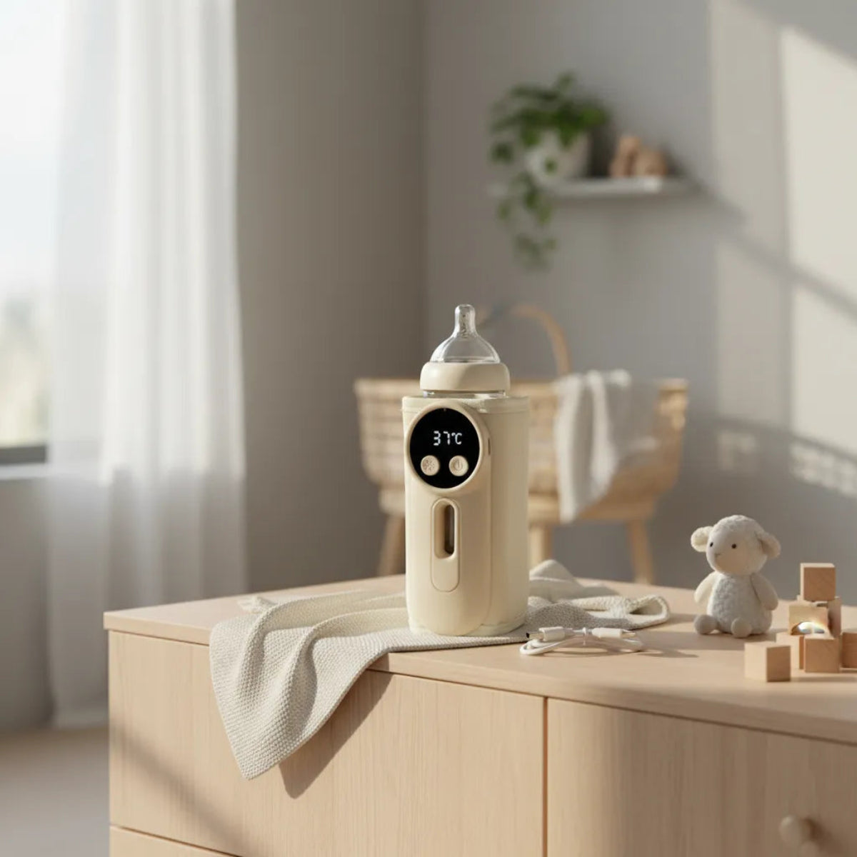 Smart Portable Baby Bottle Warmer with baby bottle inserted showing 37°C LED display on wooden dresser in sunlit nursery