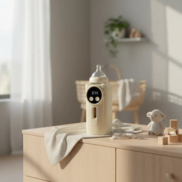 Smart Portable Baby Bottle Warmer with baby bottle inserted showing 37°C LED display on wooden dresser in sunlit nursery