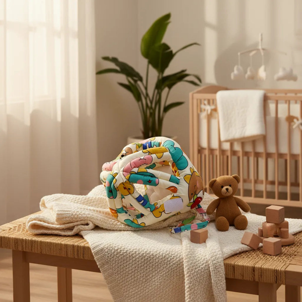 Happy Bears Baby Safety Helmet on cream blanket in warm nursery setting with wooden crib teddy bear and building blocks