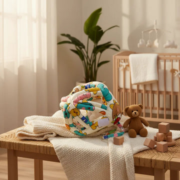 Happy Bears Baby Safety Helmet on cream blanket in warm nursery setting with wooden crib teddy bear and building blocks