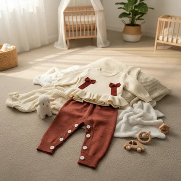Bow and Ruffle Knit Set laid out on cream blanket on nursery floor with white lamb plush wooden toys and wooden crib in background