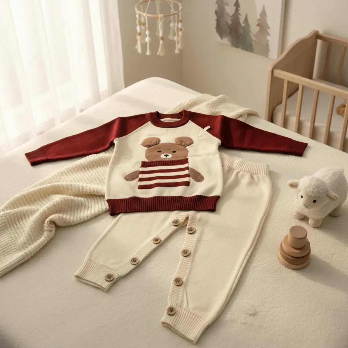 Teddy Bear Raglan Knit Set laid out on white crib mattress with white lamb plush and wooden stacking rings in Scandi nursery