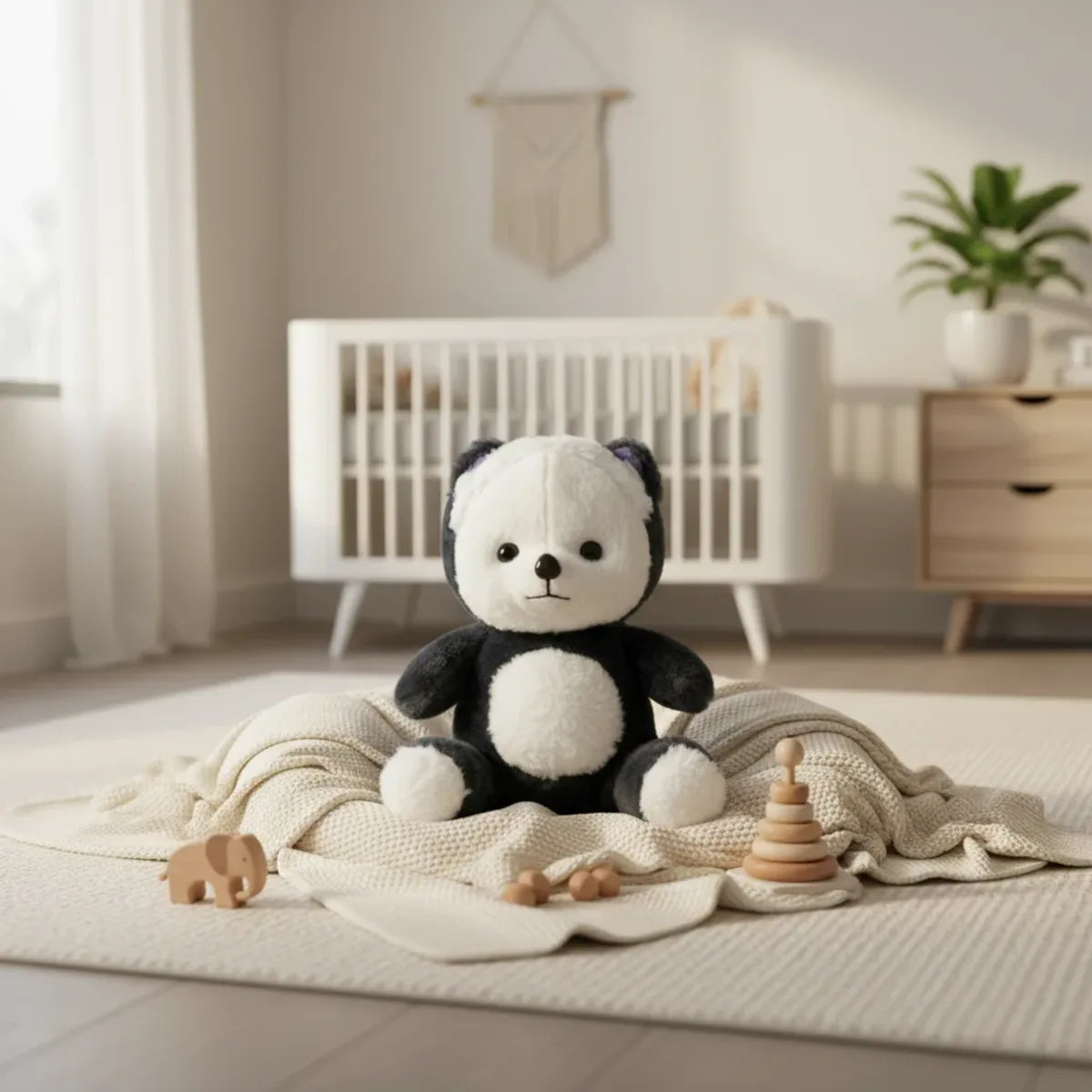 Pebble the Panda Bear plush toy sitting on a knit blanket in a bright Scandinavian nursery with wooden toys