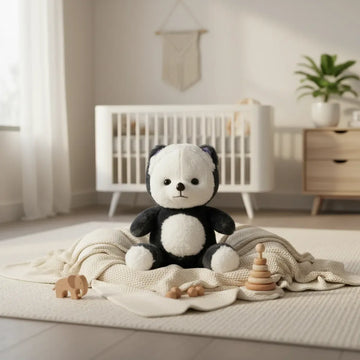Pebble the Panda Bear plush toy sitting on a knit blanket in a bright Scandinavian nursery with wooden toys