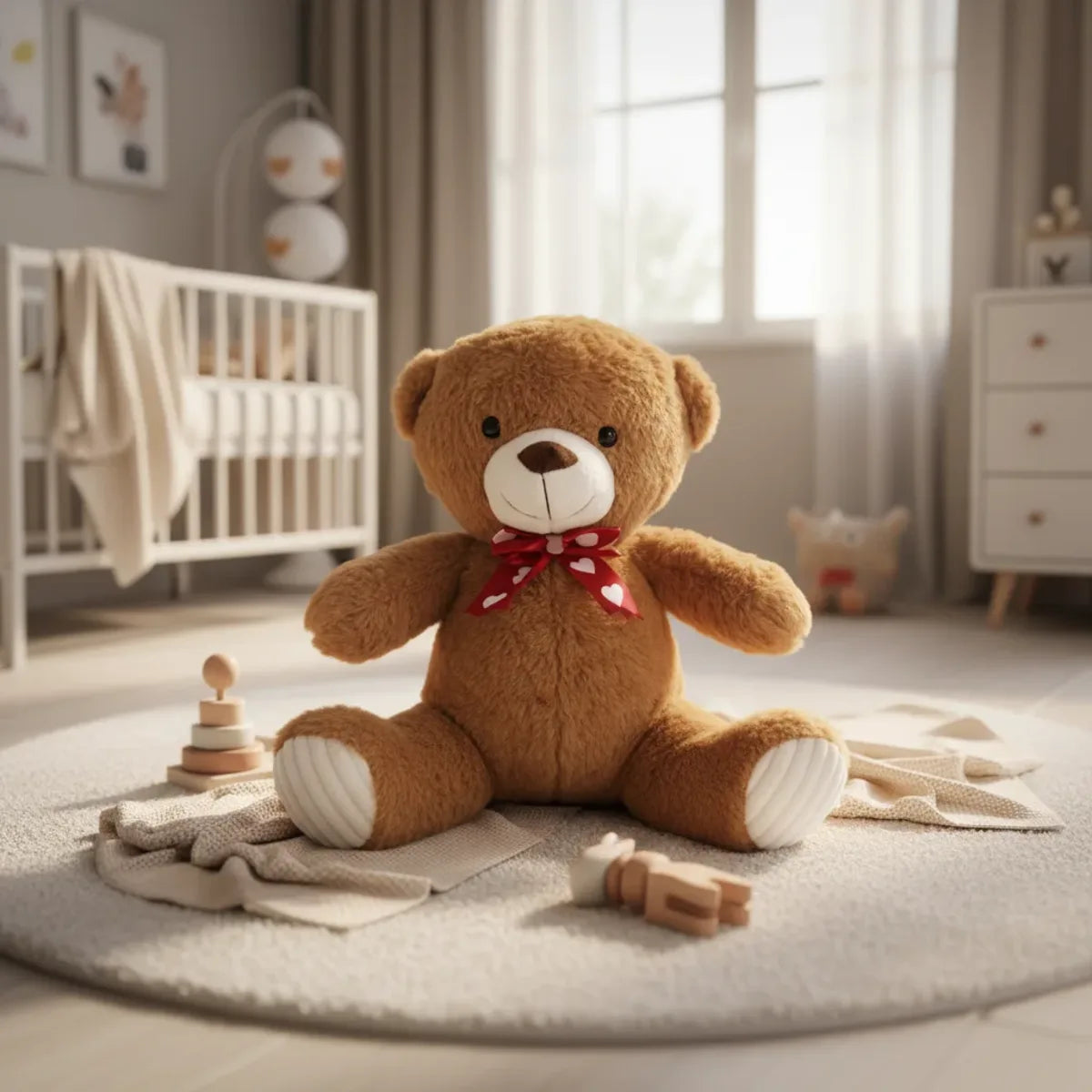 Honey the Classic Brown Teddy Bear sitting on a round rug in a warm neutral nursery with wooden toys