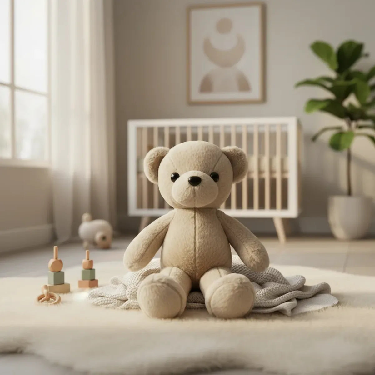 Sandy the Beige Minimalist Teddy Bear sitting on a round rug in a serene Scandinavian nursery with wooden toys and white crib