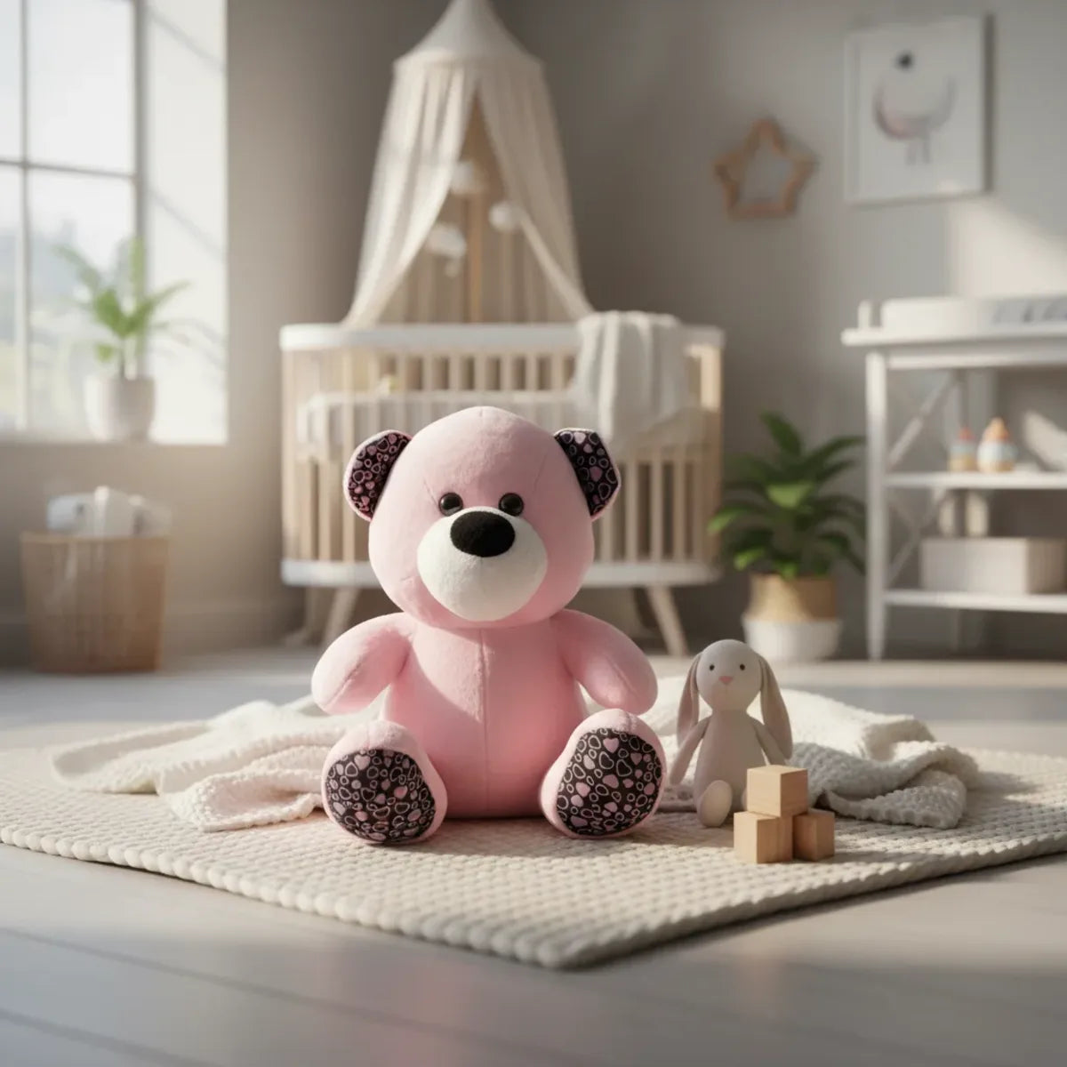 Rosie the Pink Heart Teddy Bear sitting on a cream rug in a dreamy white nursery with canopy crib