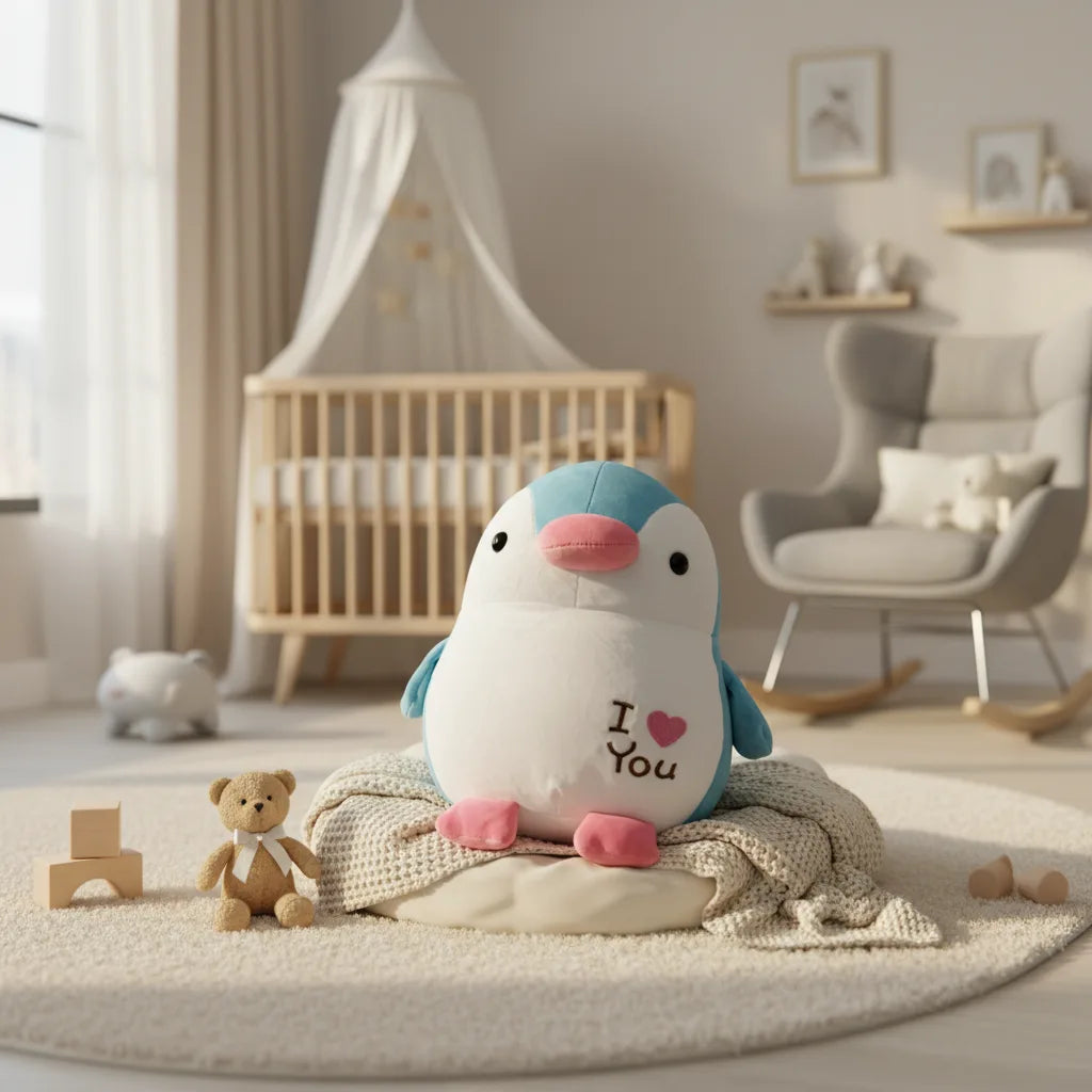 Igloo the I Love You Penguin plush toy sitting on a knit blanket in a bright Scandi nursery with wooden crib and rocking chair