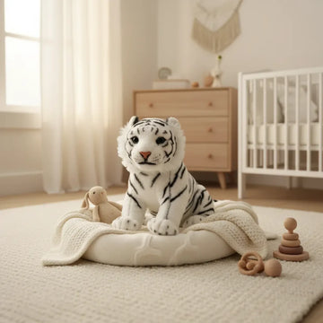Blizzard the White Tiger Cub plush toy sitting on a cream knit blanket in a warm boho nursery with white crib and wooden dresser