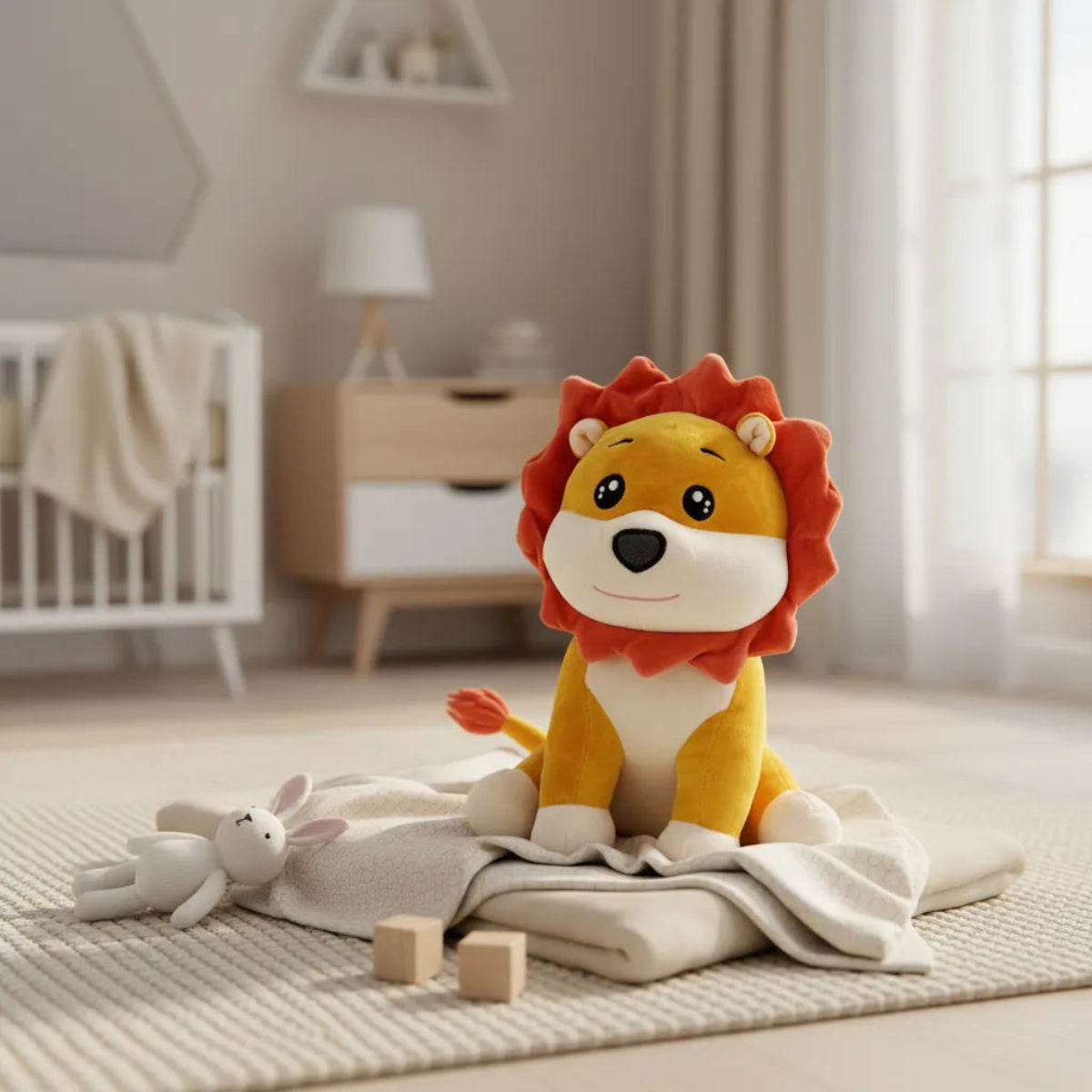 Roary the Cartoon Lion Cub plush toy sitting on a cream blanket on a nursery floor with white crib and wooden dresser in background