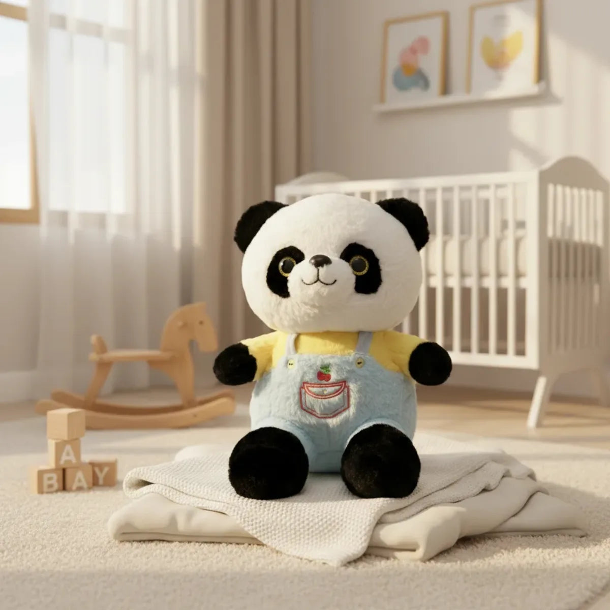 Bao the Dressed Panda plush toy sitting on a cream blanket in a warm neutral nursery with white crib and wooden rocking horse