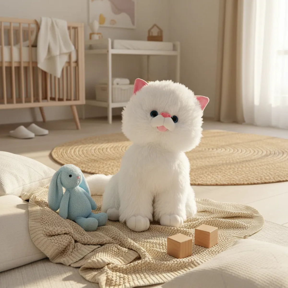 Snowflake the Persian Kitten plush toy sitting on a jute rug in a sunlit Scandi nursery with wooden crib and blue bunny toy