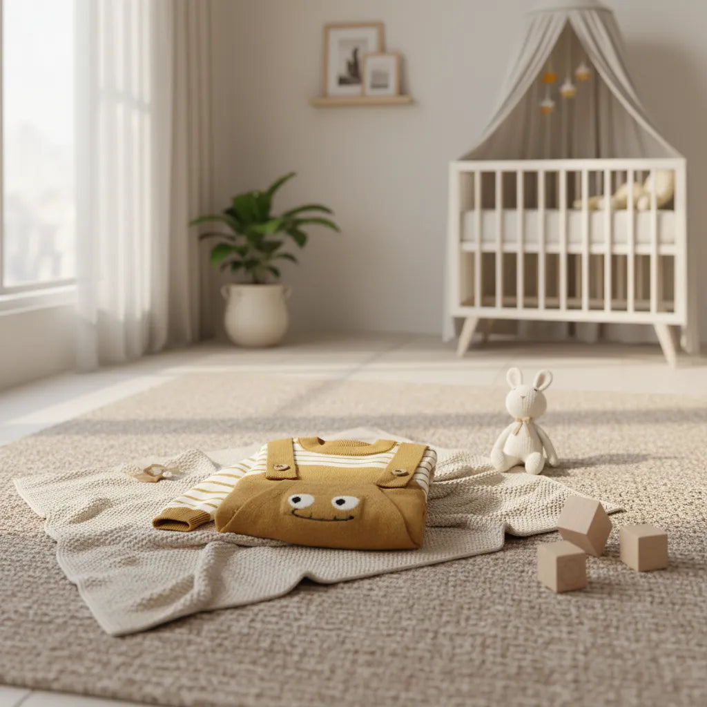 Little Monster Knit Dungaree Set folded on cream knit blanket on nursery floor with white crib wooden blocks and white bunny plush