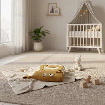 Little Monster Knit Dungaree Set folded on cream knit blanket on nursery floor with white crib wooden blocks and white bunny plush