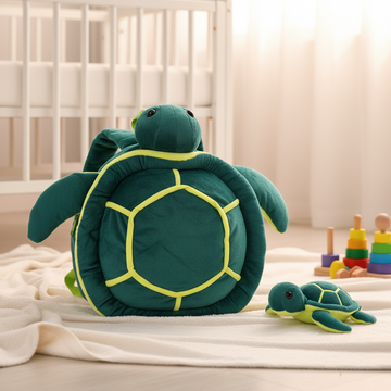 Sea turtle plush backpack with mini turtle – cozy nursery scene on white blanket next to white crib with mini turtle toy and rainbow stacker