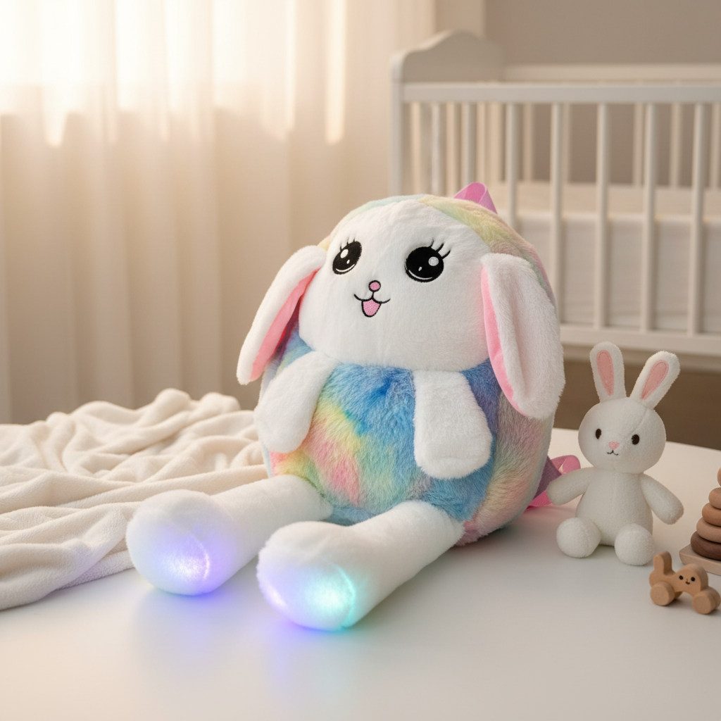 Rainbow bunny LED light-up plush backpack – cozy nursery scene on white table with LED feet glowing next to white crib