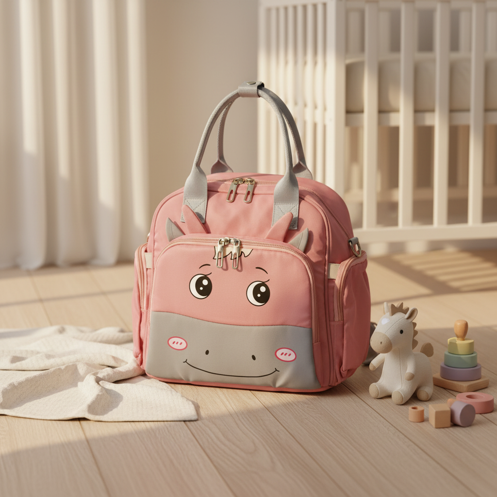 Pink unicorn diaper bag backpack – cozy nursery scene on wooden floor next to white crib with unicorn toy and rainbow stacker