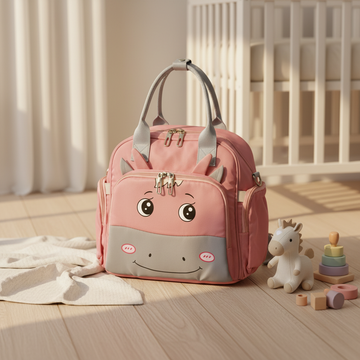 Pink unicorn diaper bag backpack – cozy nursery scene on wooden floor next to white crib with unicorn toy and rainbow stacker