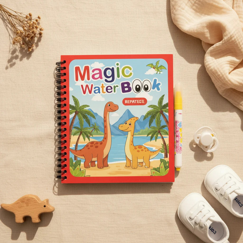 Magic Water Book Dinosaur theme variant showing red spiral-bound book with Brachiosaurus and Pterodactyl cover and yellow water pen on linen background with wooden dinosaur toy and baby shoes