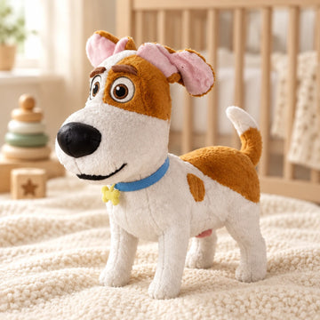 Brown-and-white dog plush with pink ears and blue collar in a cozy nursery