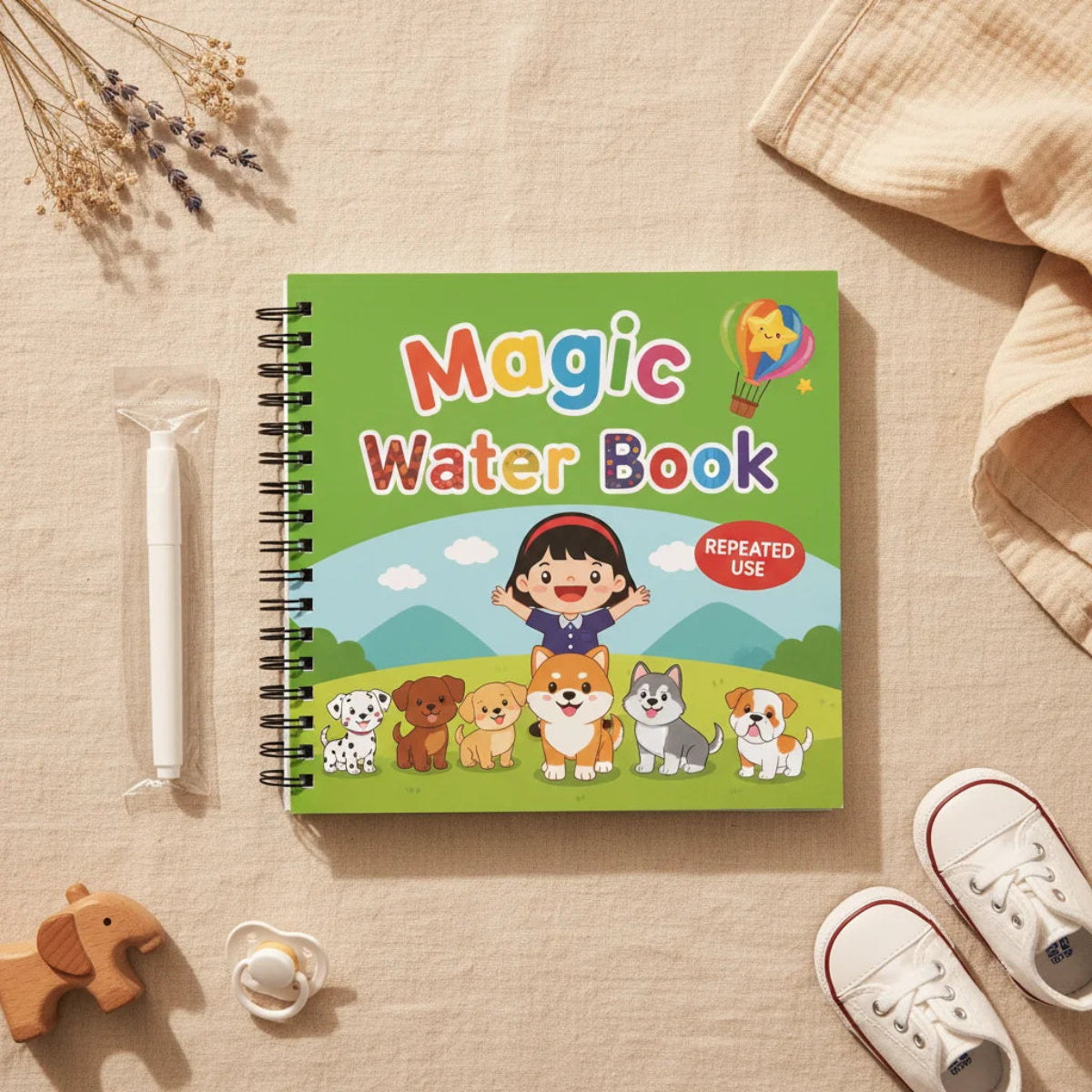 Magic Water Book Dogs theme green cover showing cartoon girl with Dalmatian Shiba Inu Husky and puppy friends with rainbow hot air balloon and white water pen on linen background with wooden elephant and pacifier