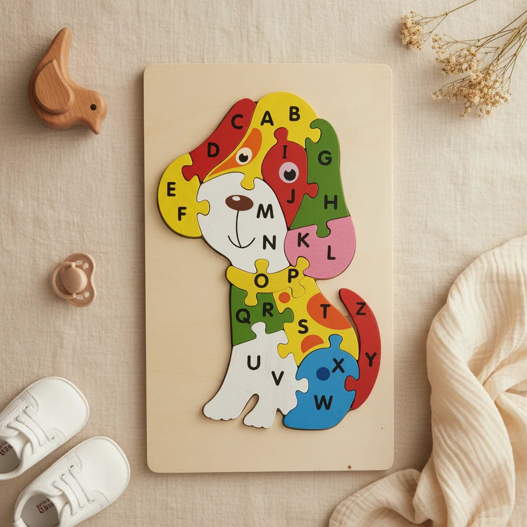 Colourful wooden dog alphabet jigsaw puzzle with A to Z lettered pieces on natural wood board on linen background with wooden bird toy pacifier and dried flowers