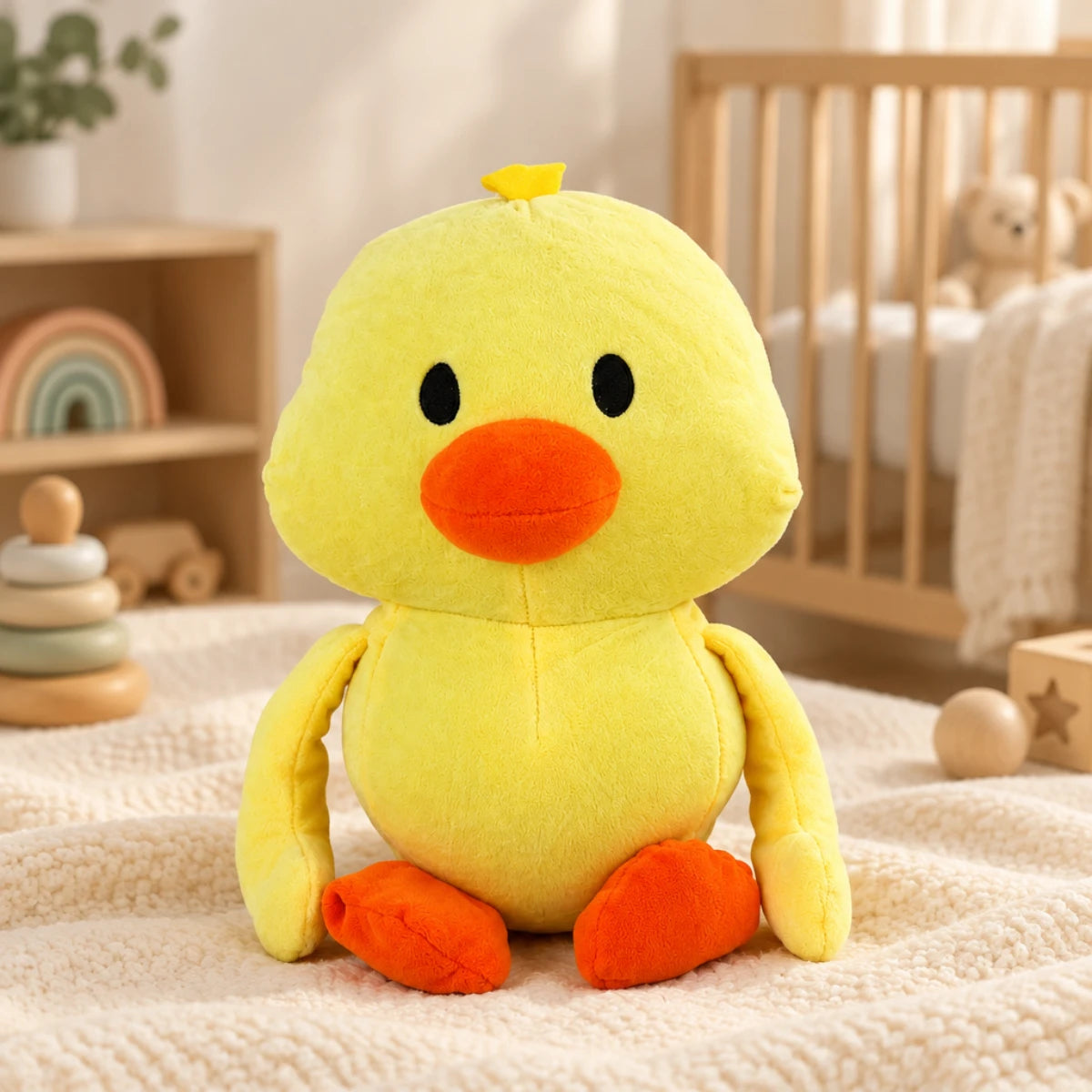 Yellow duck plush toy sitting in a cozy nursery setting