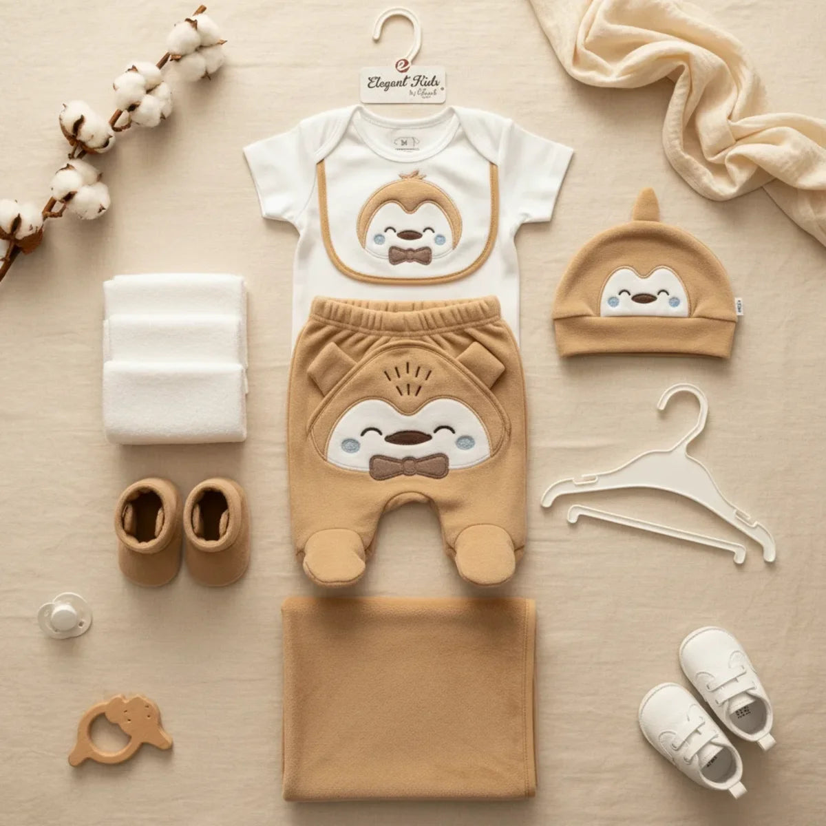 Elegant Kids Penguin Newborn Gift Set brown camel 7-piece flat lay showing bodysuit footed trousers penguin hat bib booties blanket and muslin cloth on linen background with cotton stems pacifier and white sneakers