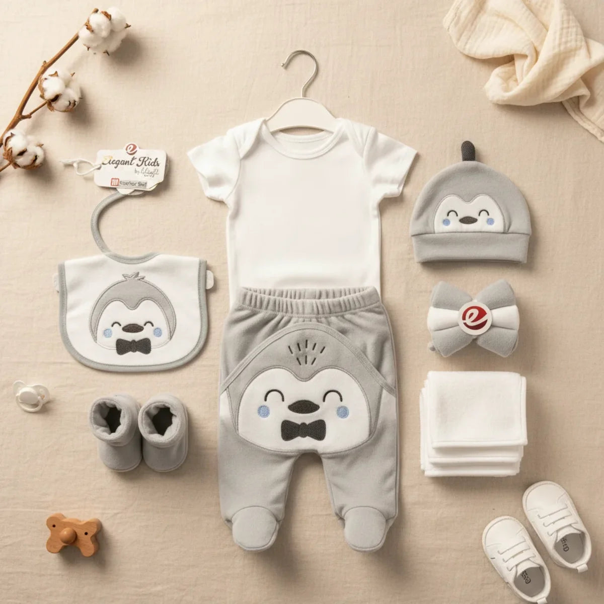 Elegant Kids Penguin Newborn Gift Set grey 7-piece flat lay showing white bodysuit grey footed trousers penguin hat bib grey booties muslin cloth and grey bow headband on linen background with wooden toy and pacifier