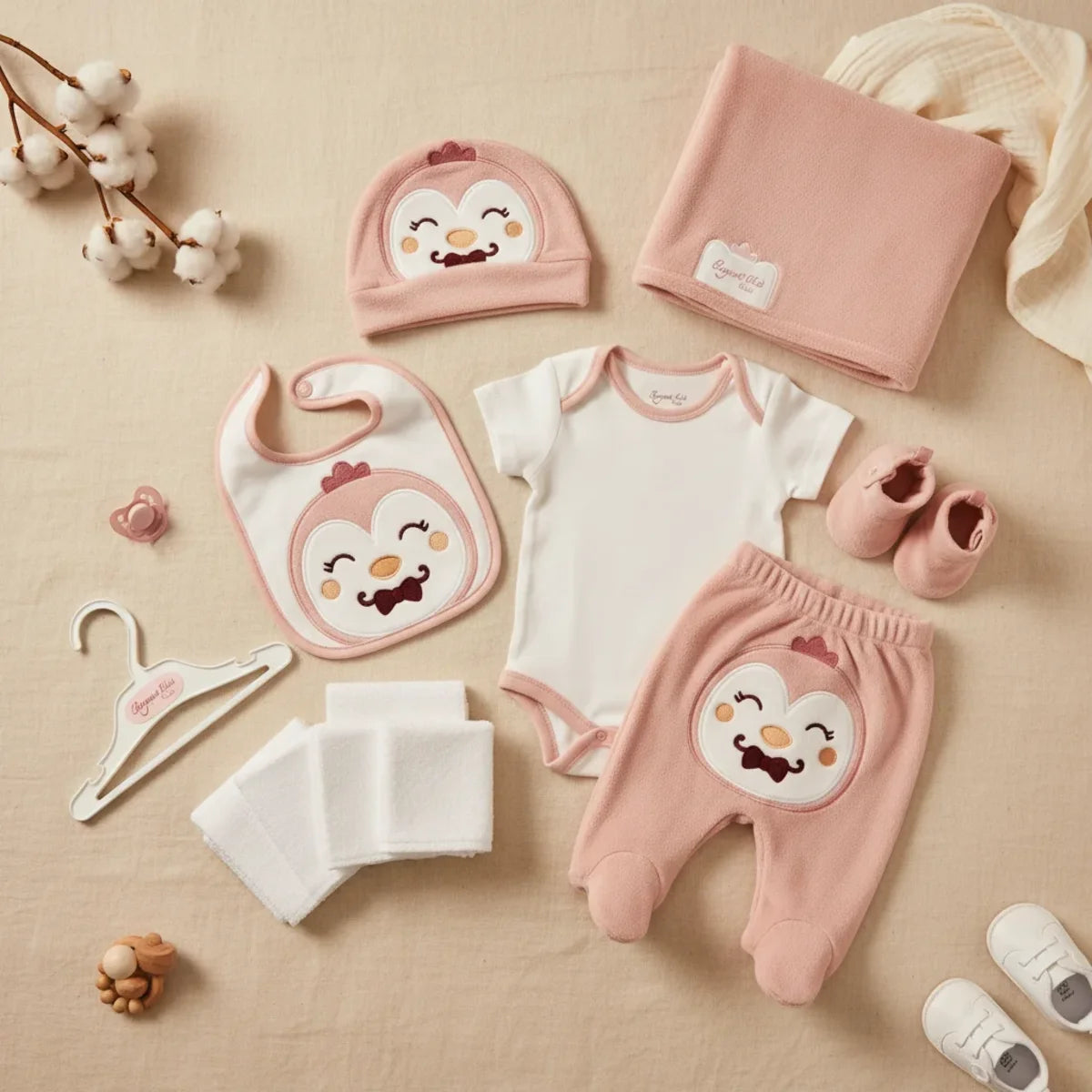 Elegant Kids Penguin Newborn Gift Set pink 7-piece flat lay showing cream bodysuit pink footed trousers pink penguin hat pink bib pink bow booties blush blanket and white muslin on linen background with wooden rattle and white sneakers
