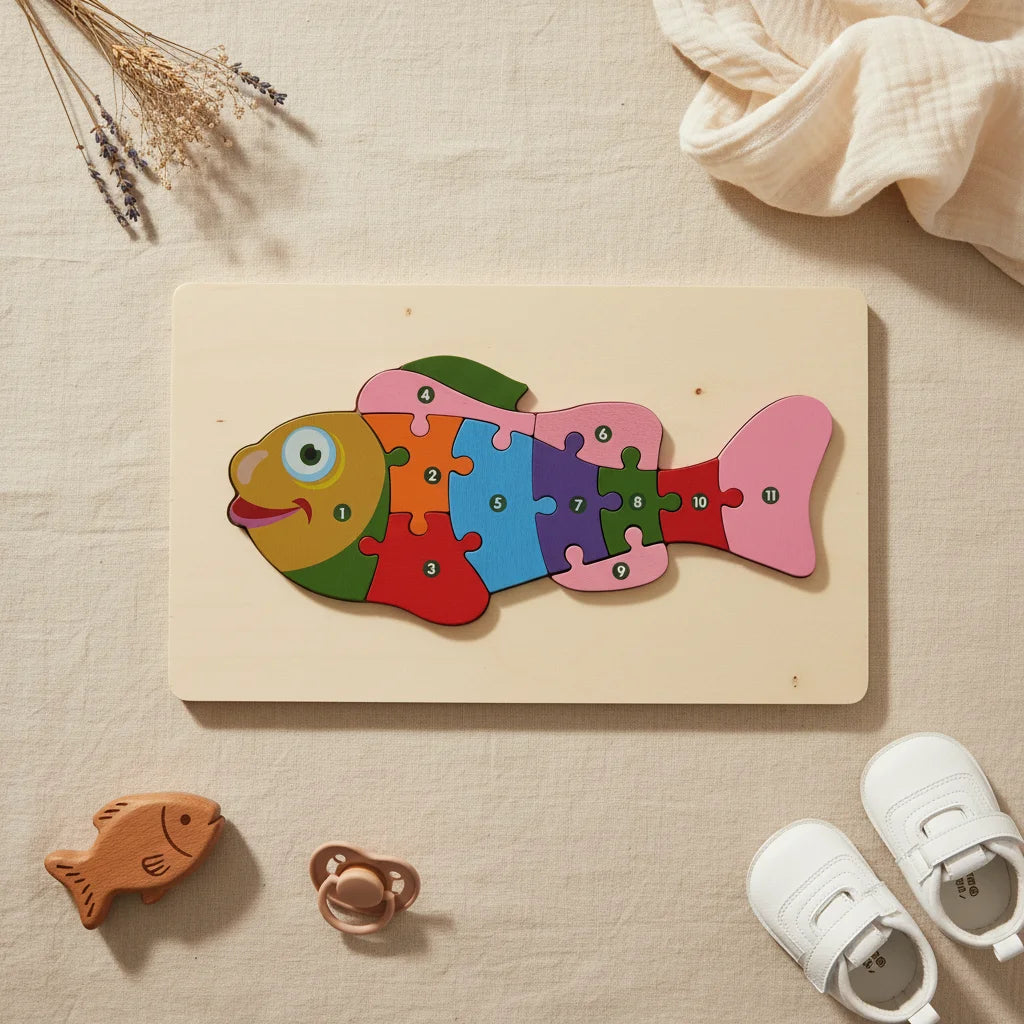 Colourful wooden fish jigsaw puzzle with numbered pieces 1 to 11 on natural wood board on linen background with wooden fish teether pacifier and white baby shoes