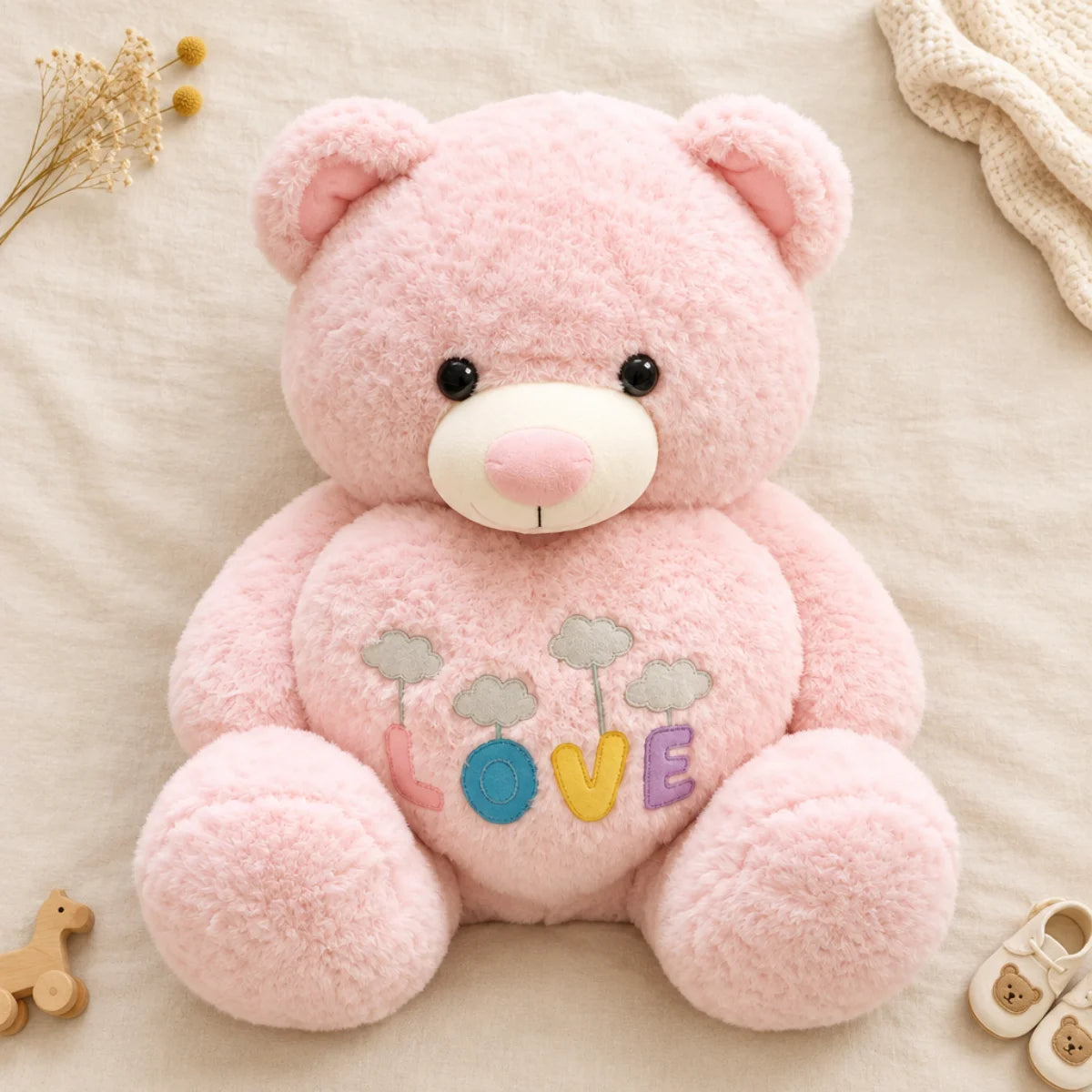 Giant pink LOVE teddy bear plush toy flat lay from above on cream linen background showing full front view of oversized curly boucle pink teddy bear with cream white muzzle dome shiny pink nose glossy black bead eyes soft pink inner ears and tummy with four colourful felt LOVE letter appliques in pink teal yellow and lavender each suspended on embroidered thread from grey embroidered cloud beside dried yellow billy balls flowers cream knit blanket and white baby shoes