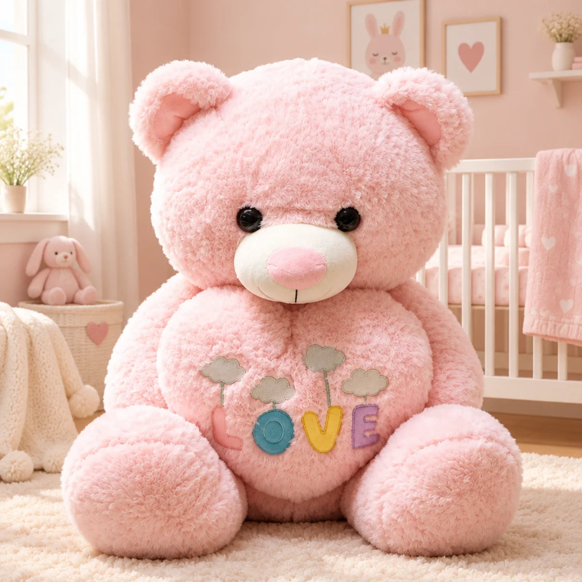 Giant pink LOVE teddy bear plush toy nursery scene sitting upright on cream rug in pink girl nursery room with white cot cream knit throw white flower vase rabbit art print and heart print decor on walls showing full front view of oversized curly boucle pink teddy bear with cream muzzle shiny pink nose large glossy black bead eyes and colourful LOVE cloud applique on tummy