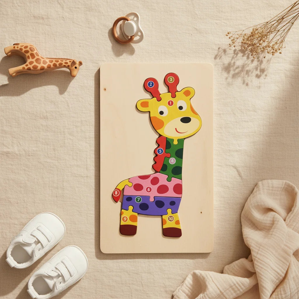 Colourful wooden giraffe jigsaw puzzle with numbered pieces 1 to 10 on natural wood board on linen background with wooden giraffe teether pacifier and dried flowers