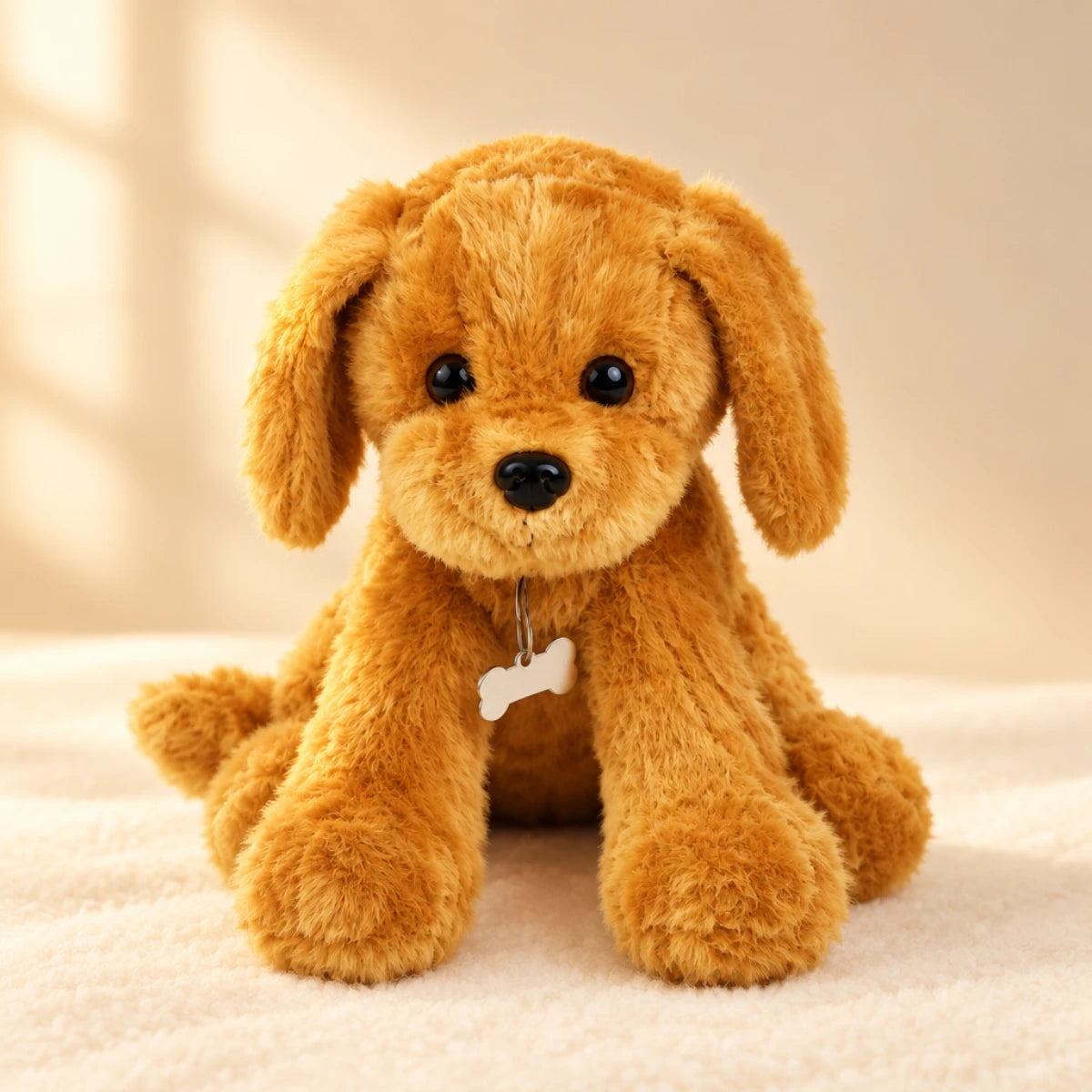 Golden retriever puppy plush toy studio scene on warm cream background with dappled natural sunlight showing full front view of fluffy golden caramel sitting puppy plush with long floppy ears two large glossy black bead eyes shiny black nose subtle smile long front paws and silver bone-shaped ID tag dangling at chest in natural sitting pose on white fluffy surface