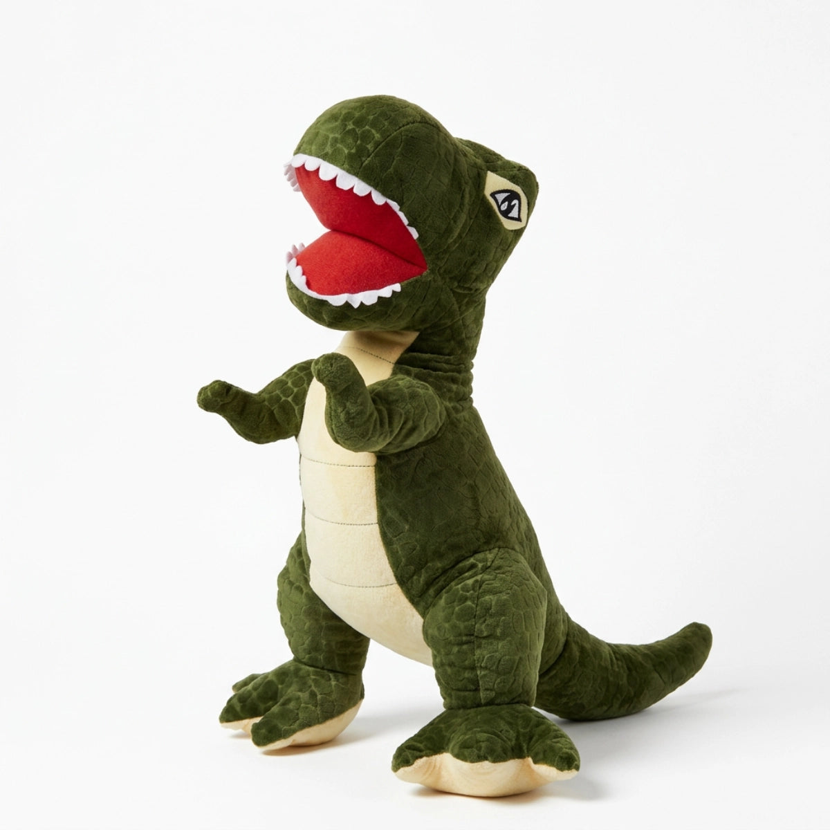Green T-Rex dinosaur plush with an open red mouth on white