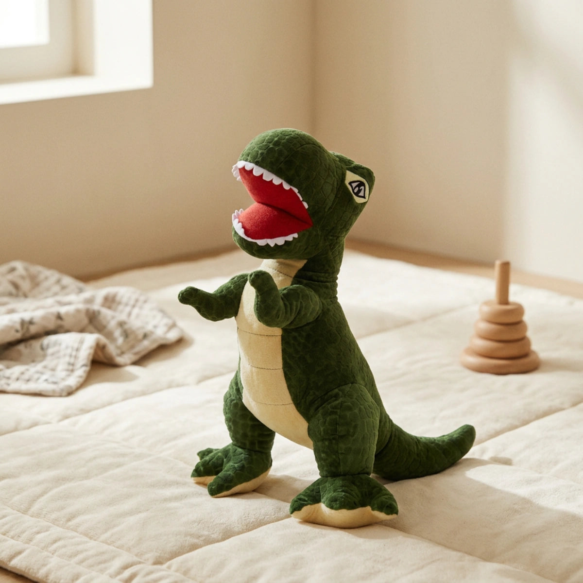 Green dinosaur plush in a warm lifestyle setting