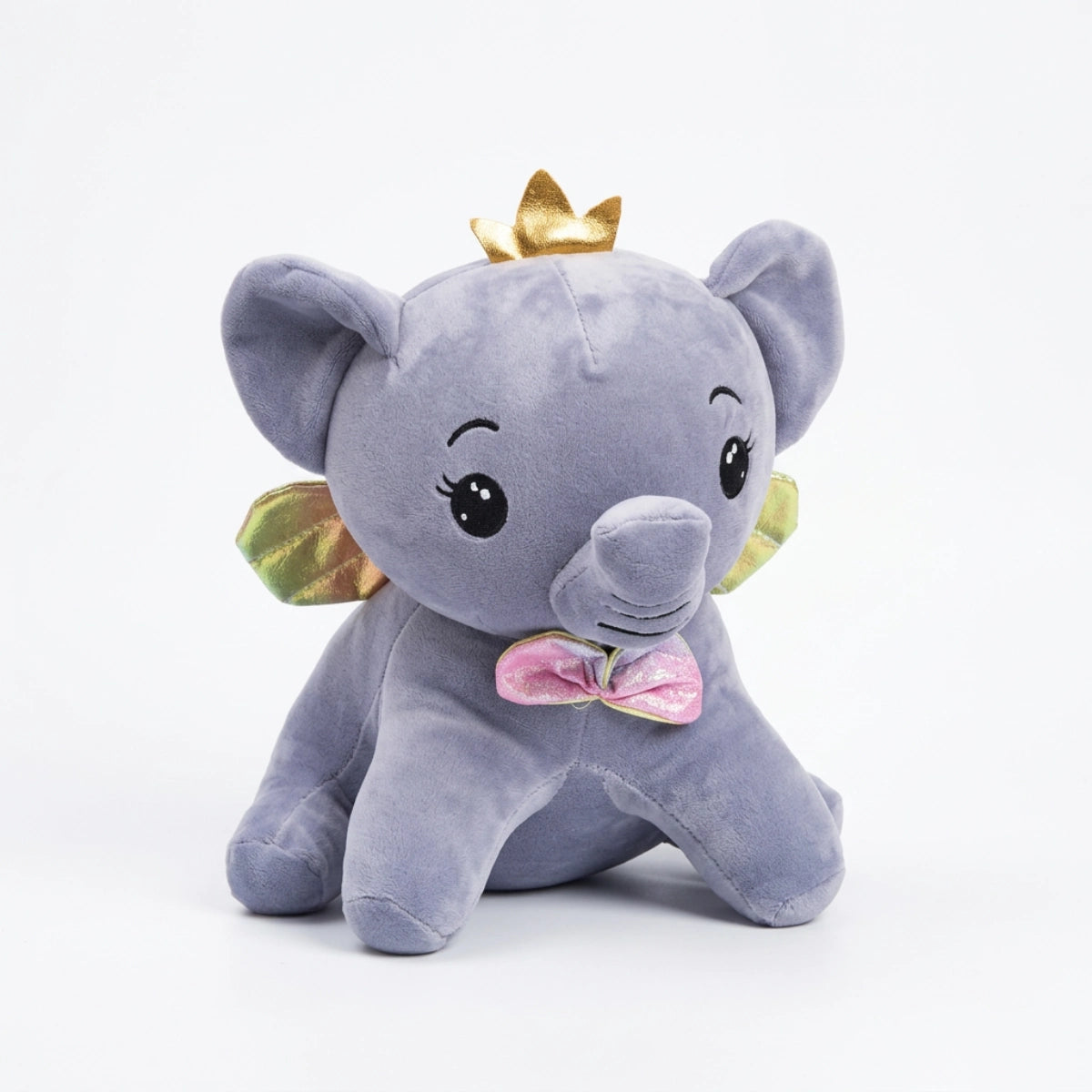 Grey crowned elephant plush with gold wings and pink bow tie on white