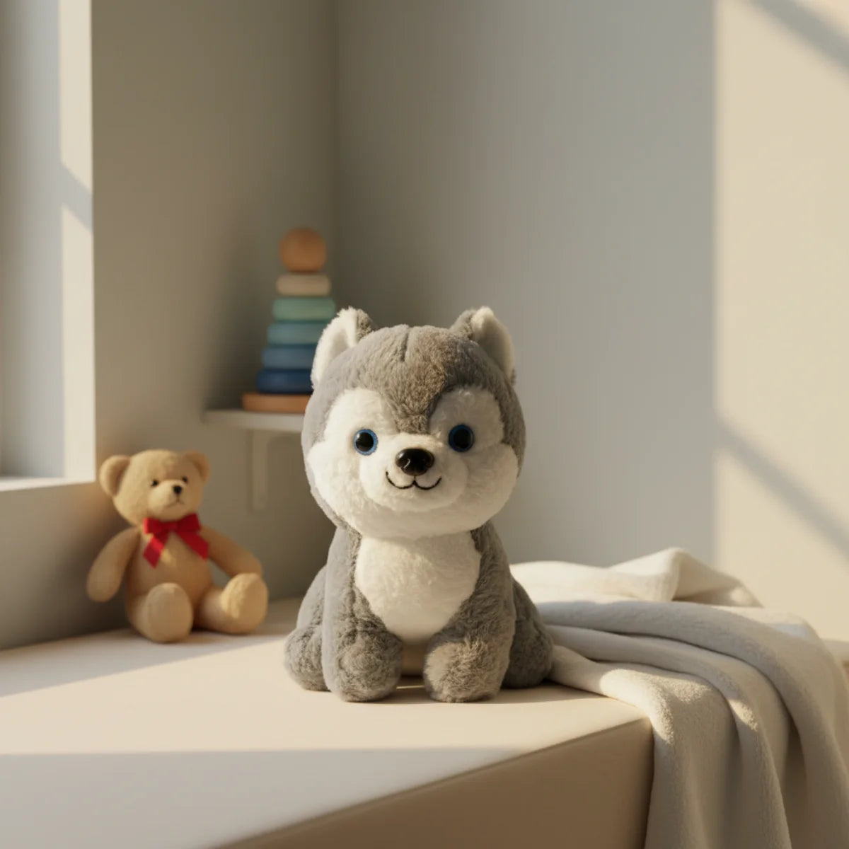 Baby husky plush toy nursery scene sitting on white ledge in warm sunlit cream room beside small brown teddy bear with red bow and pastel Montessori stacking rings in background with grey knit blanket showing full chubby grey white Siberian husky puppy plush with sparkling blue eyes and embroidered smile
