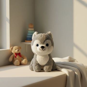 Baby husky plush toy nursery scene sitting on white ledge in warm sunlit cream room beside small brown teddy bear with red bow and pastel Montessori stacking rings in background with grey knit blanket showing full chubby grey white Siberian husky puppy plush with sparkling blue eyes and embroidered smile