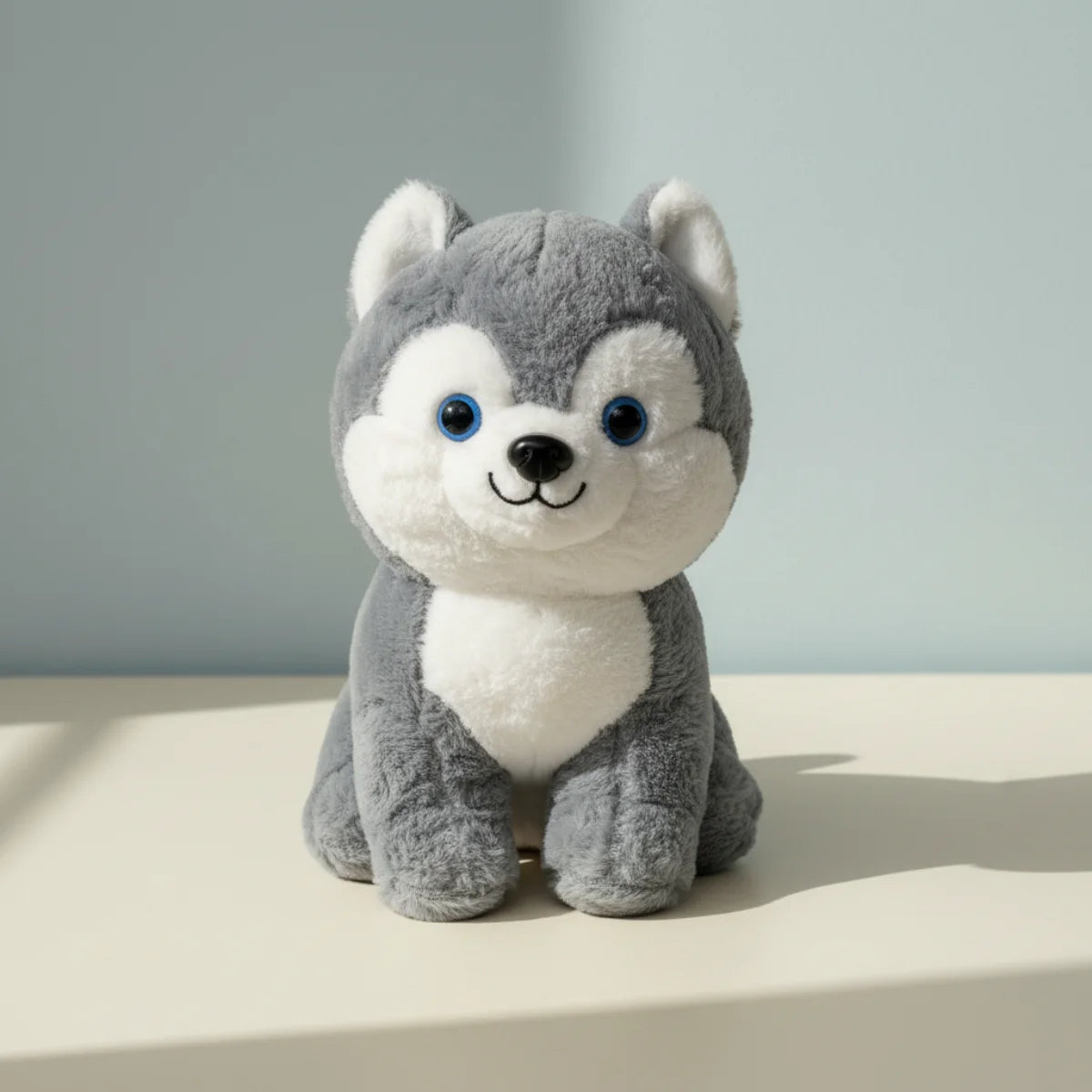 Baby husky plush toy studio scene on soft blue grey gradient background showing full front face of chubby grey white Siberian husky puppy plush with vivid sapphire blue glitter eyes black button nose embroidered smile fluffy grey textured fur cloud white chest belly and muzzle in sitting pose with soft shadow