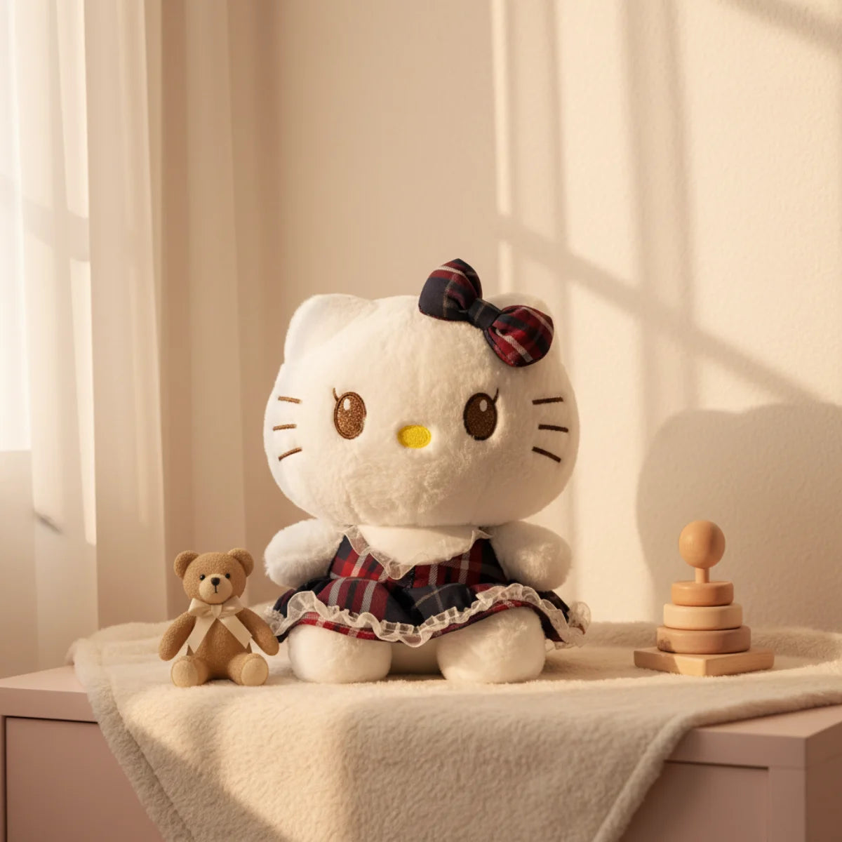 Hello Kitty tartan plaid dress plush toy nursery scene sitting on white draped shelf beside small brown teddy bear and wooden Montessori stacking rings in warm sunlit cream nursery room with sheer curtains showing full seated Hello Kitty in navy red tartan dress with lace frill and tartan bow