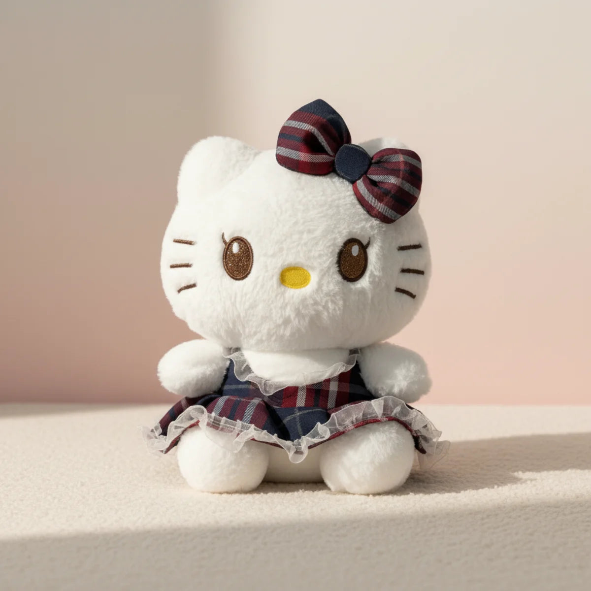 Hello Kitty tartan plaid dress plush toy studio scene on soft warm pink blush background showing front three-quarter close up of white Hello Kitty plush in navy red tartan dress with white lace frill hem large matching tartan ribbon bow glittery gold winking embroidered left eye warm brown right eye and yellow nose in sitting pose