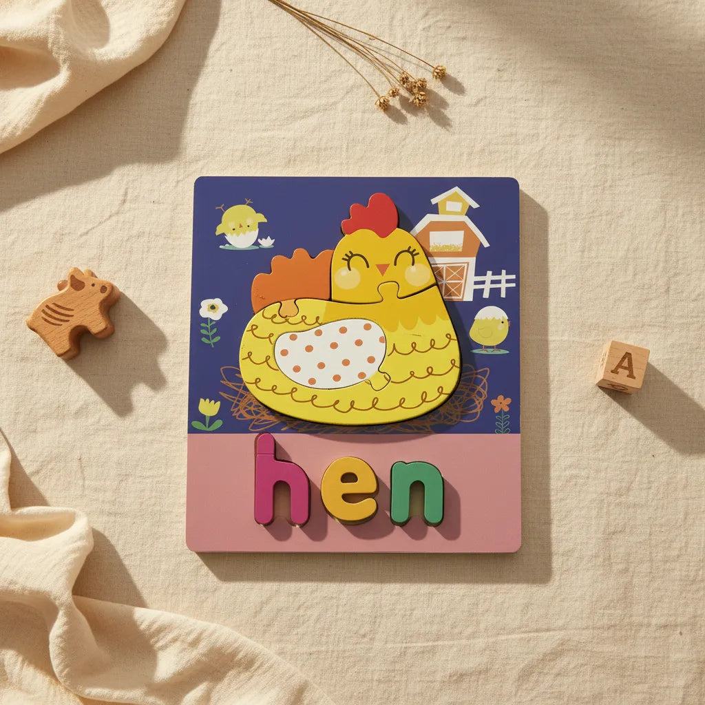 3D Wooden Word Puzzle Hen design showing nesting hen puzzle over farmyard scene board with H-E-N letter tiles in pink yellow and green on linen background with wooden cow toy